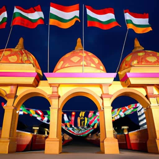 שער כניסה תוסס המעוטר בדגלים צבעוניים ובאורות זוהרים מקבל את פני המבקרים בכפר העולמי של דובאי.