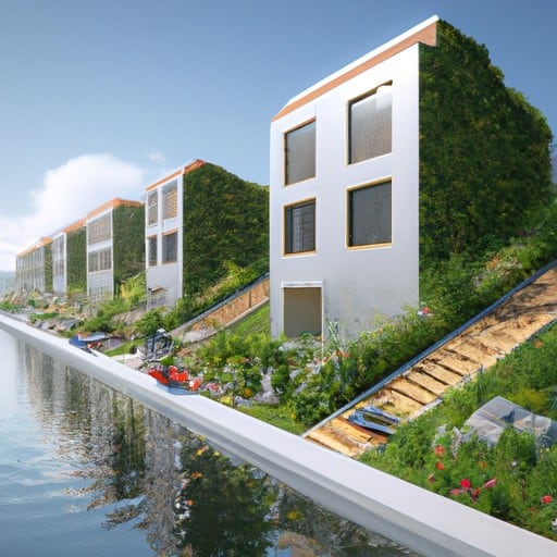 שורה של בתים אקולוגיים המונעים על ידי שמש מול התעלה, הכוללות גינות על הגג וקירות ירוקים